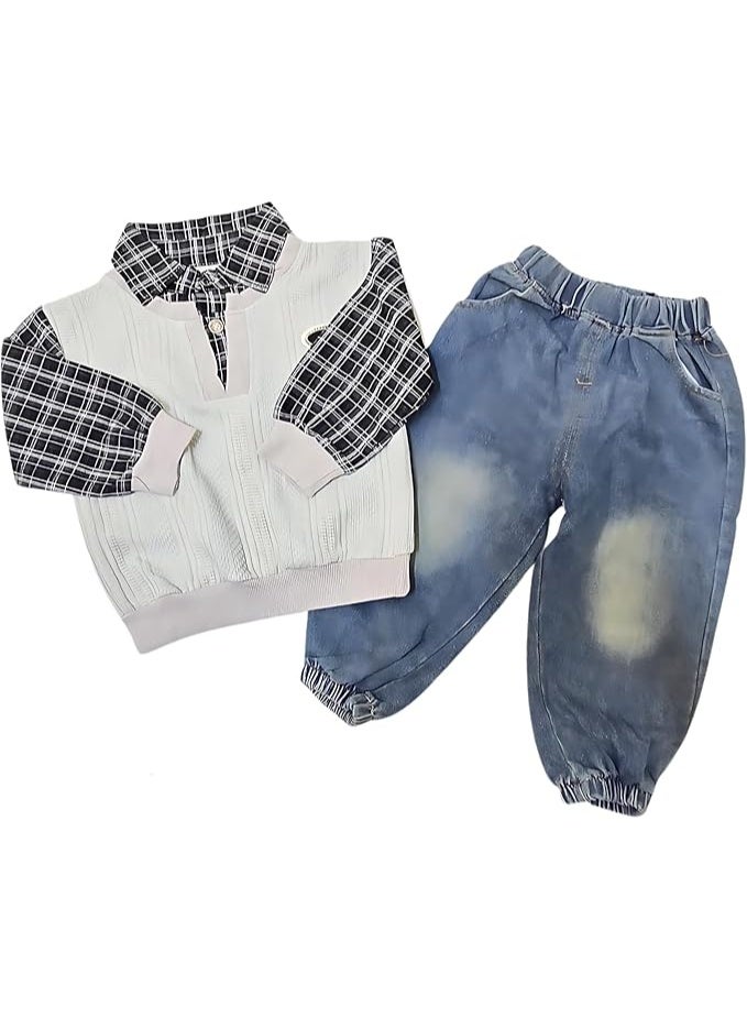 MINIIMODZ MINII MODZ Boys Co-Ord Set – Sweatshirt with Collar & Printed Shirt Design Paired with Denim Pants | Boys Outfit - Image 1